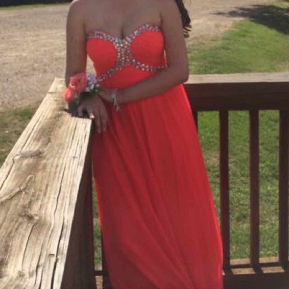 Strapless Coral Gown Dress with Sequined Bust